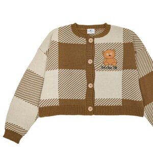 Universal Studios knit Cardigan Brown and Cream Plaid Cardigan with Bear Accent